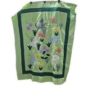 Handmade Quilted Baby‎ Blanket Cats Flowers Applique Green Gingham Nursery Decor